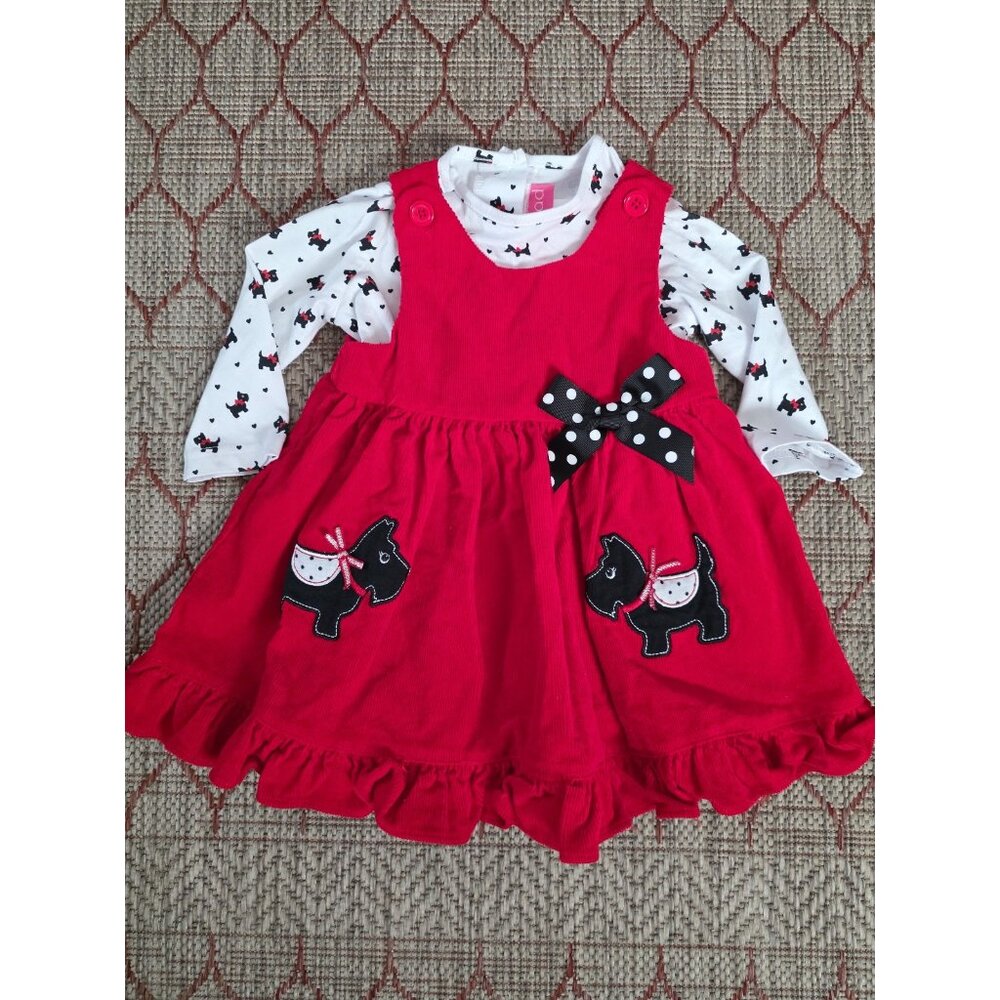 Good Lad Infant Toddler Girls' Black & Red corduroy dress Size 12 Months dogs